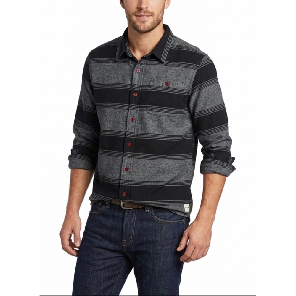 Rusty Flannel Long Sleeve Button Down Shirt Black Grey Striped Mens Large